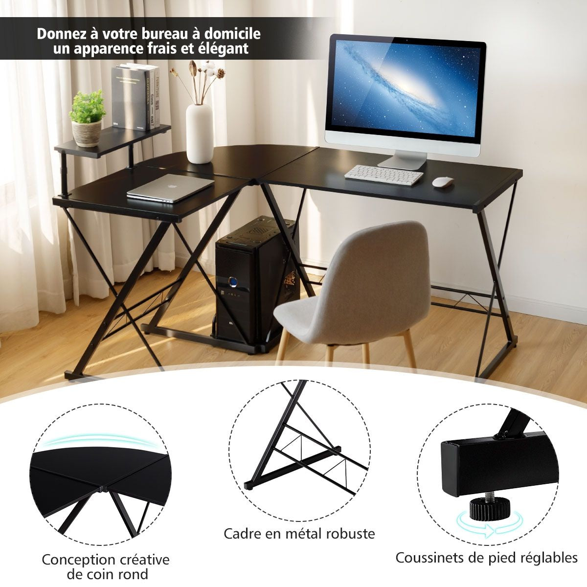 Bureau D'Angle En Forme L Détachable Avec Support Pour Moniteur 147X112X79Cm Noyer/Noir/Antique