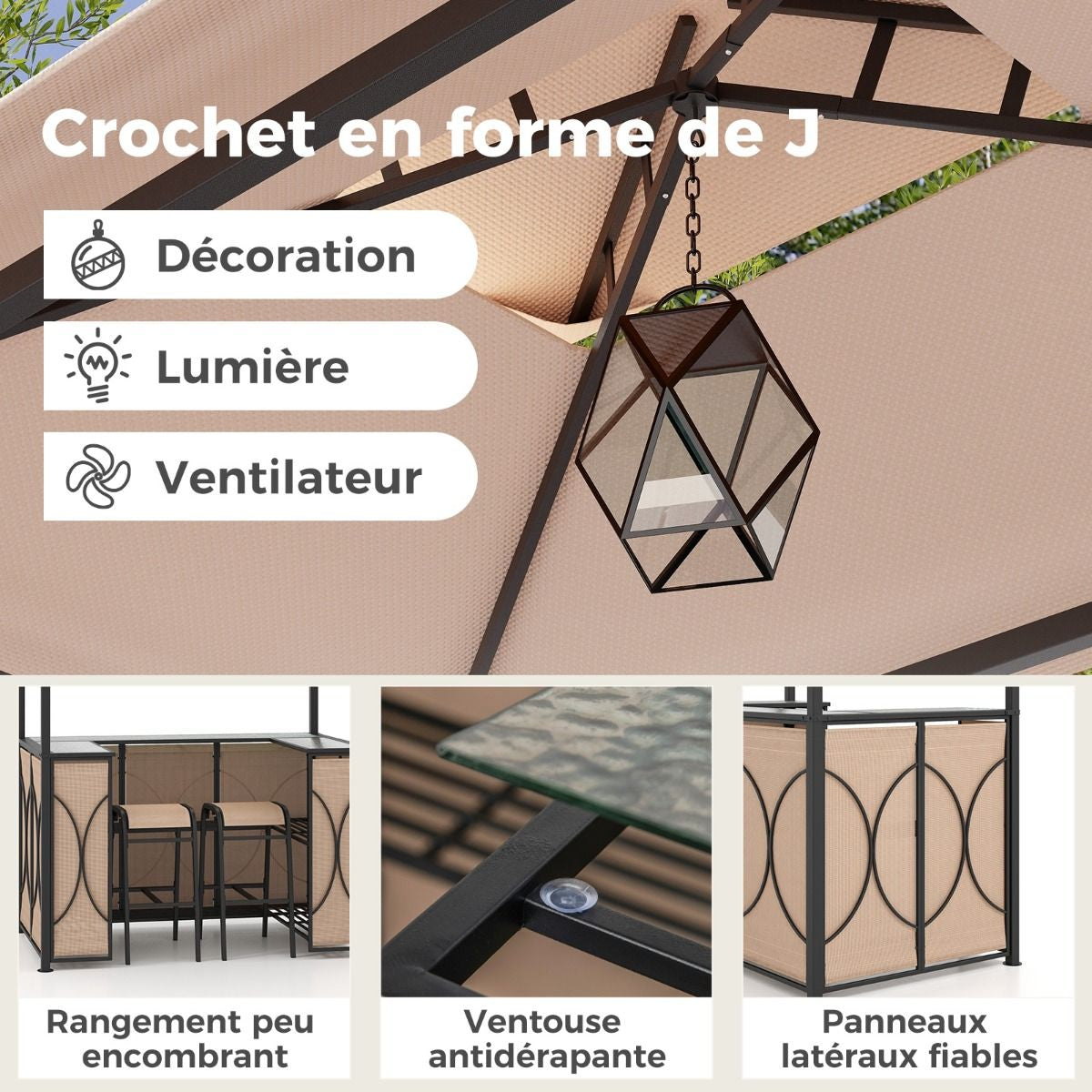 Tonnelle De Barbecue 3 Pcs Avec 2 Tabourets De Bar Abri Barbecue Avec Plateau En Verre Trempé Étagères En Métal 194X121X242Cm Gris/Marron