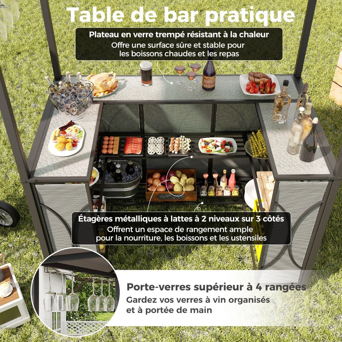 Tonnelle De Barbecue 3 Pcs Avec 2 Tabourets De Bar Abri Barbecue Avec Plateau En Verre Trempé Étagères En Métal 194X121X242Cm Gris/Marron