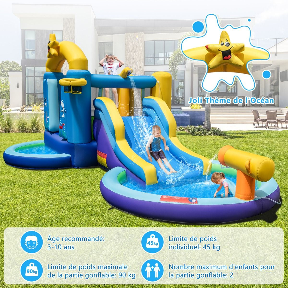 Château Gonflable Océan 6 En 1 Avec Souffleur 680W Toboggan Aquatique & 2 Piscines Maison De Rebond Gonflable Charge 90Kg