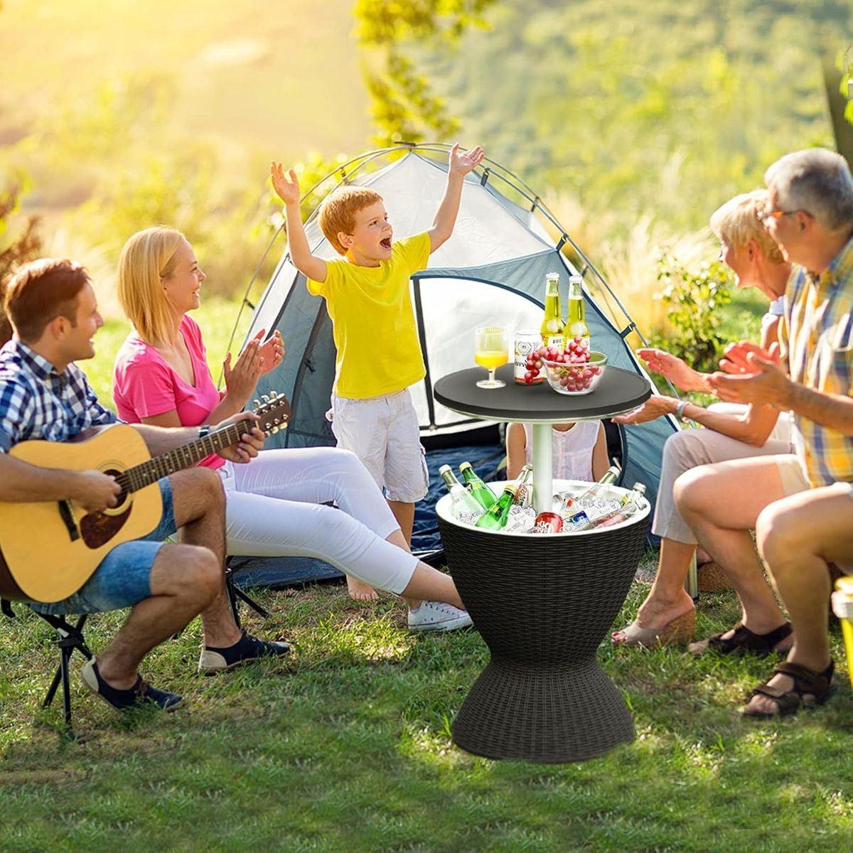 Seau À Glace 2 En 1 Table Basse 30L Avec Plateau Relevable Ø 43 X 57,5-82H Cm Imitation Rotin Marron/Noir