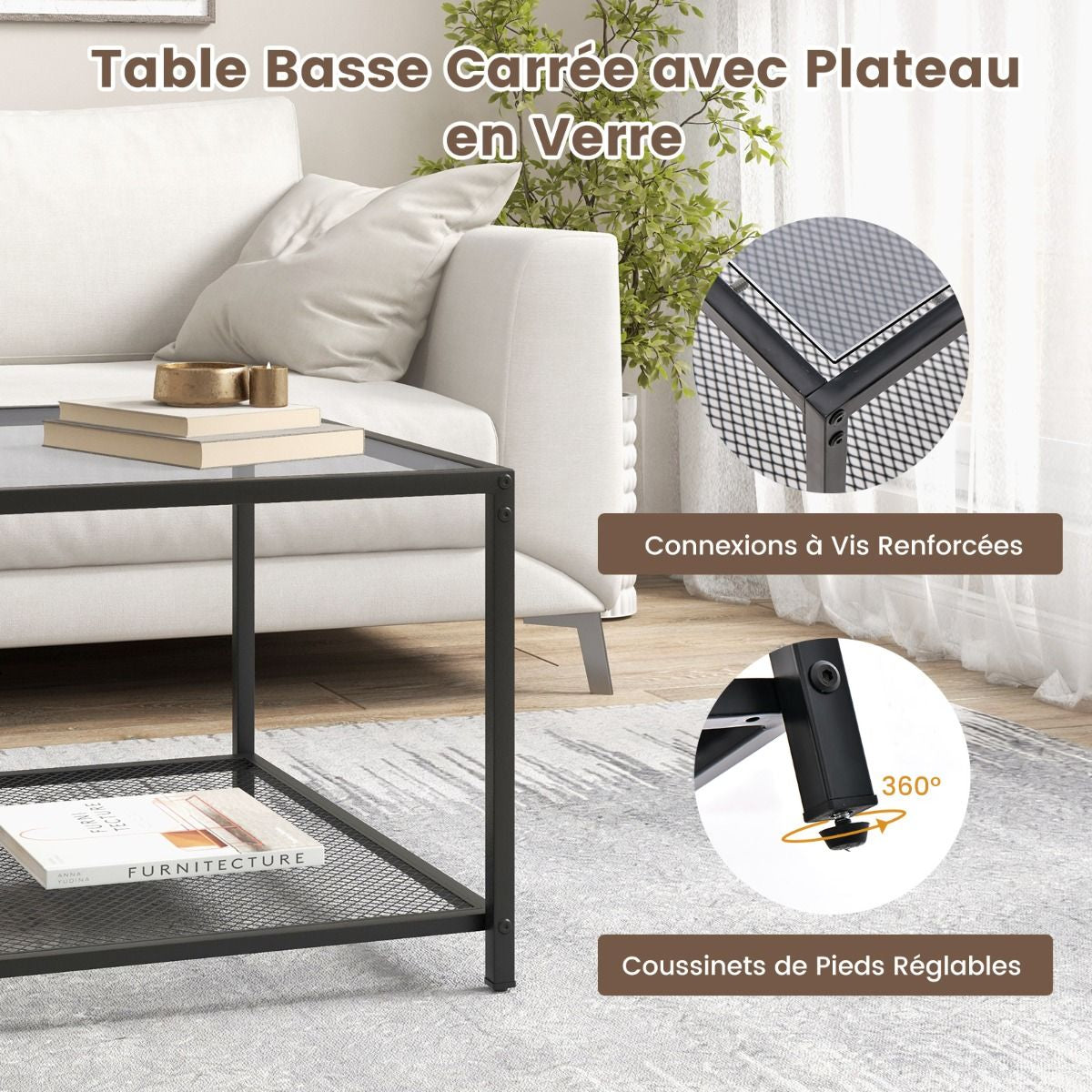 Table Basse Carrée En Verre Trempé 2 Niveaux Étagère En Maille Cadre En Métal Pieds Réglables Gris/Transparent