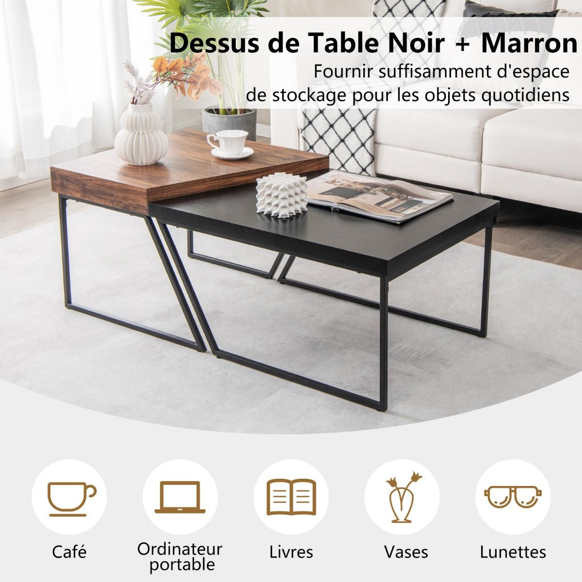 Lot De 2 Tables Basses Gigognes Avec Cadre Métal - 2 Combinaison disponible