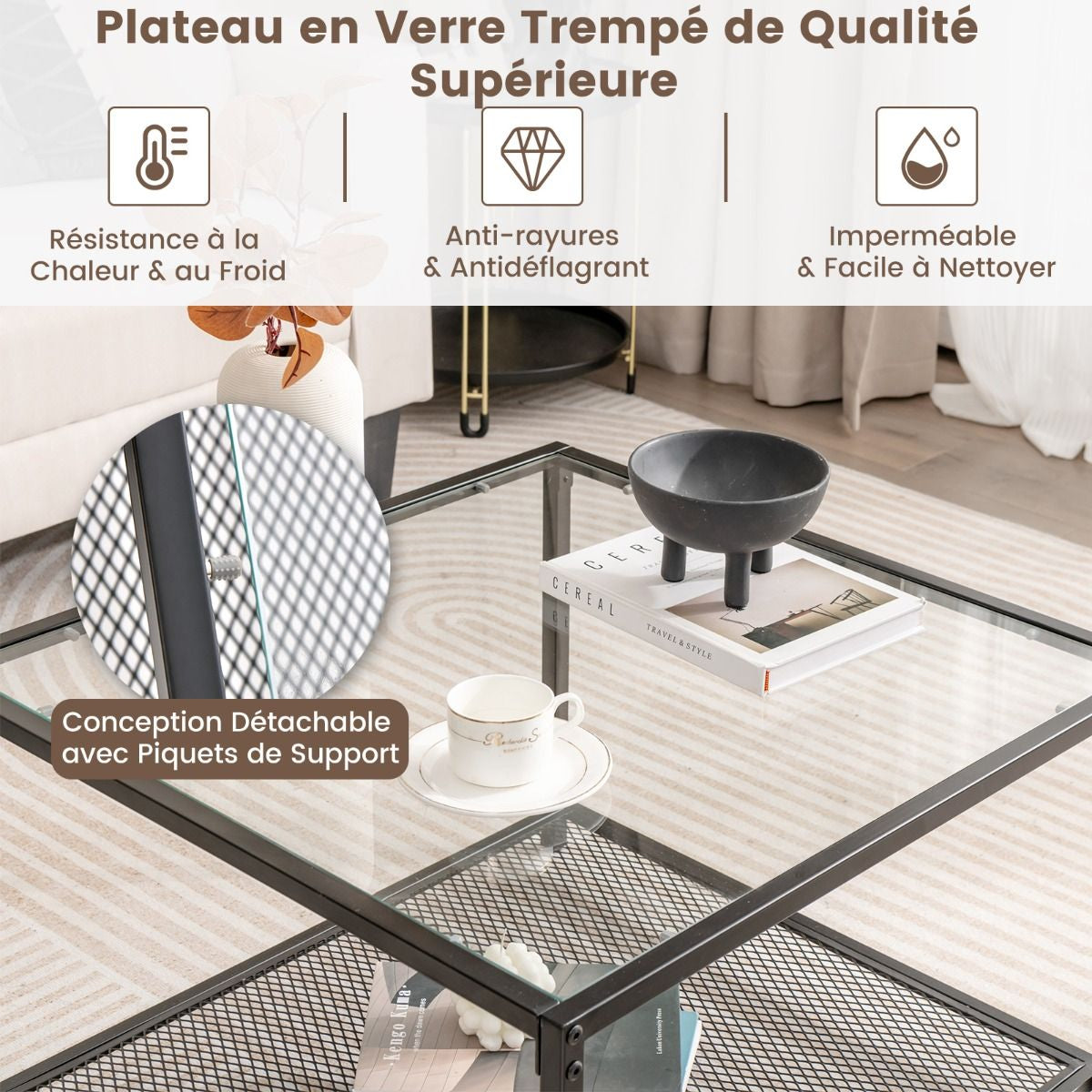 Table Basse Carrée En Verre Trempé 2 Niveaux Étagère En Maille Cadre En Métal Pieds Réglables Gris/Transparent