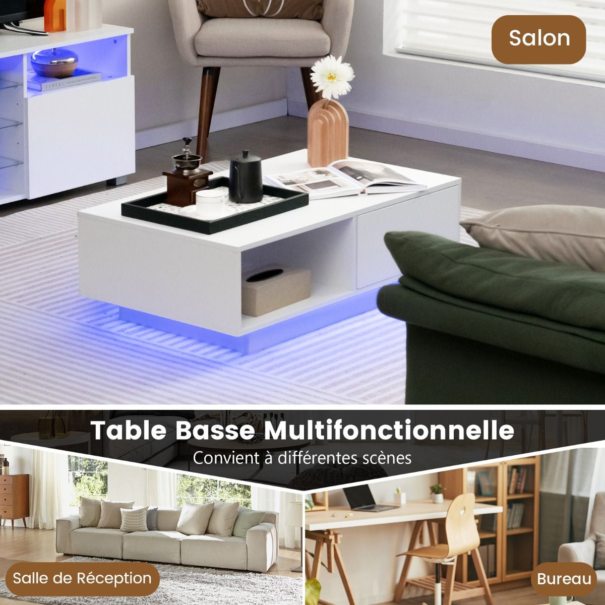 Table Basse Contemporain Avec Lumières LED 20 Couleurs 95X55X31 CM Table De Salon Avec Grand Tiroir Et Compartiment Blanc/Noir