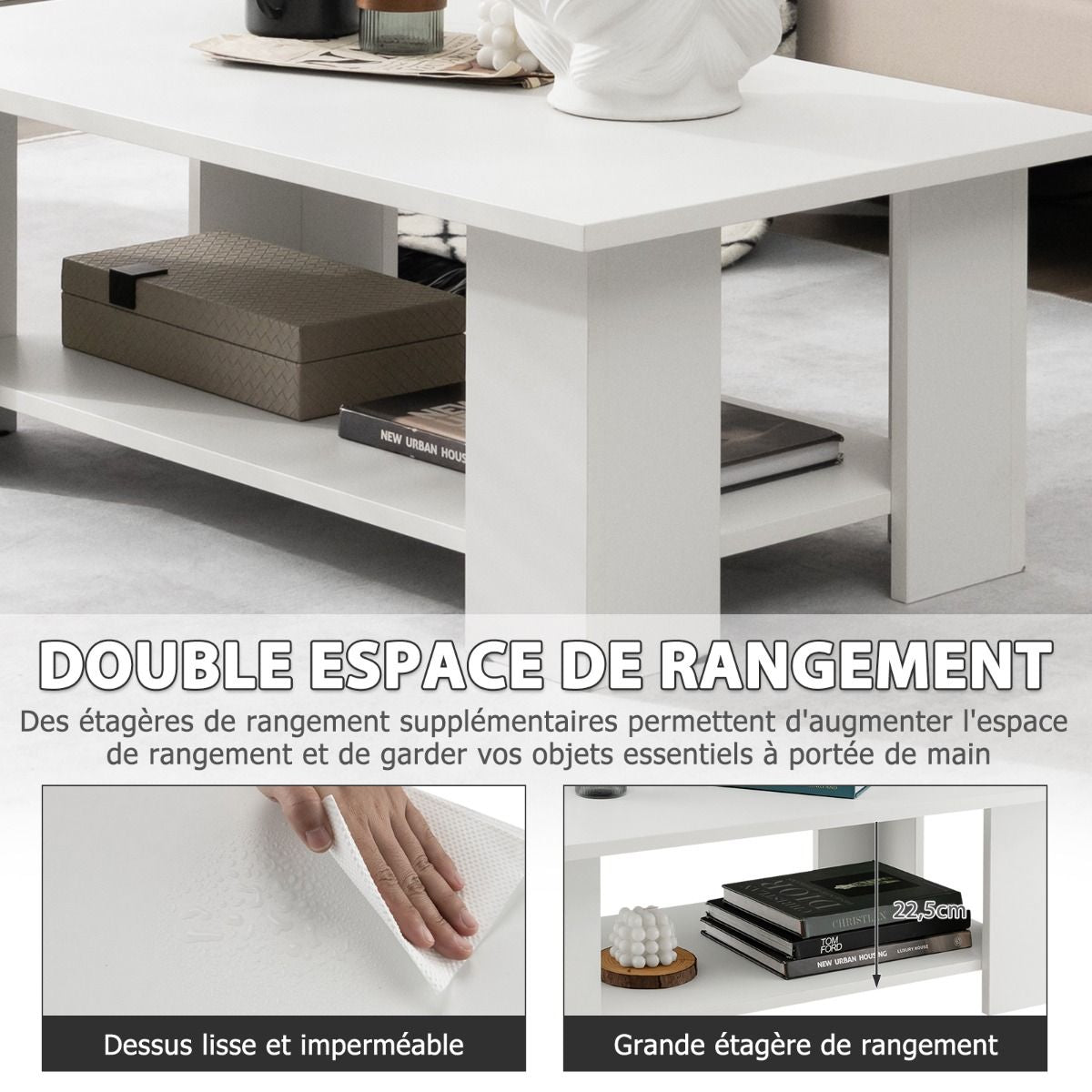 Table Basse En Bois À 2 Niveaux Avec Etagère Ouverte Style Moderne Pour Salon Chambre 90 X 52 X 32 Cm Blanc