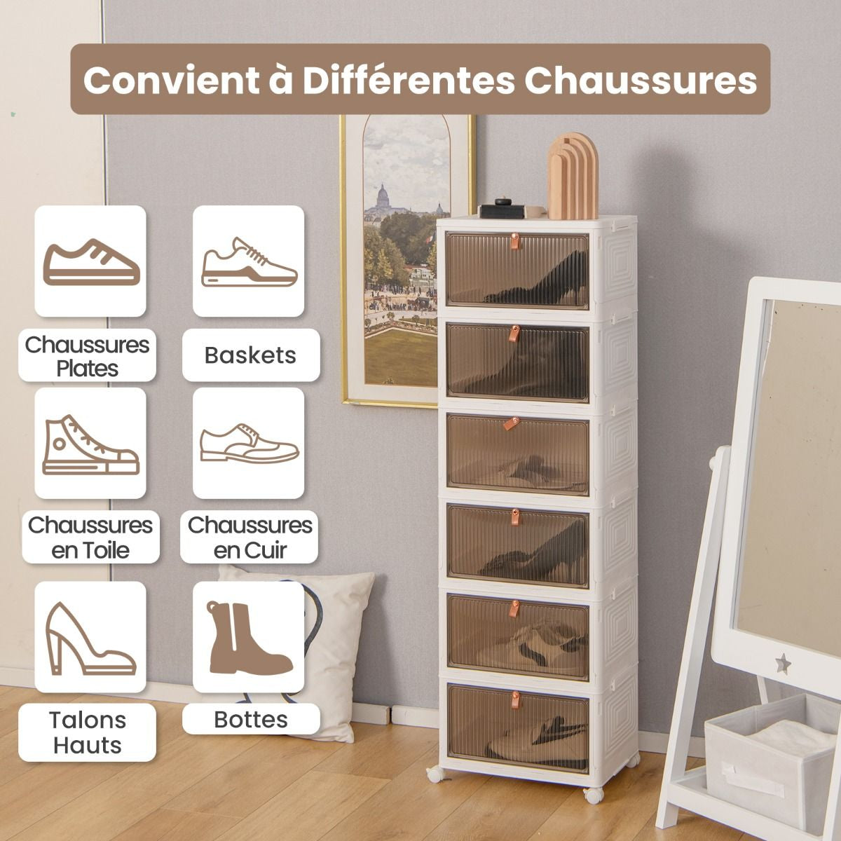 Boîte De Rangement De Chaussures Pliable 6 Niveaux Portes Transparentes Magnétiques Roues Universelles Verrouillables Pour Baskets Jouets Blanc