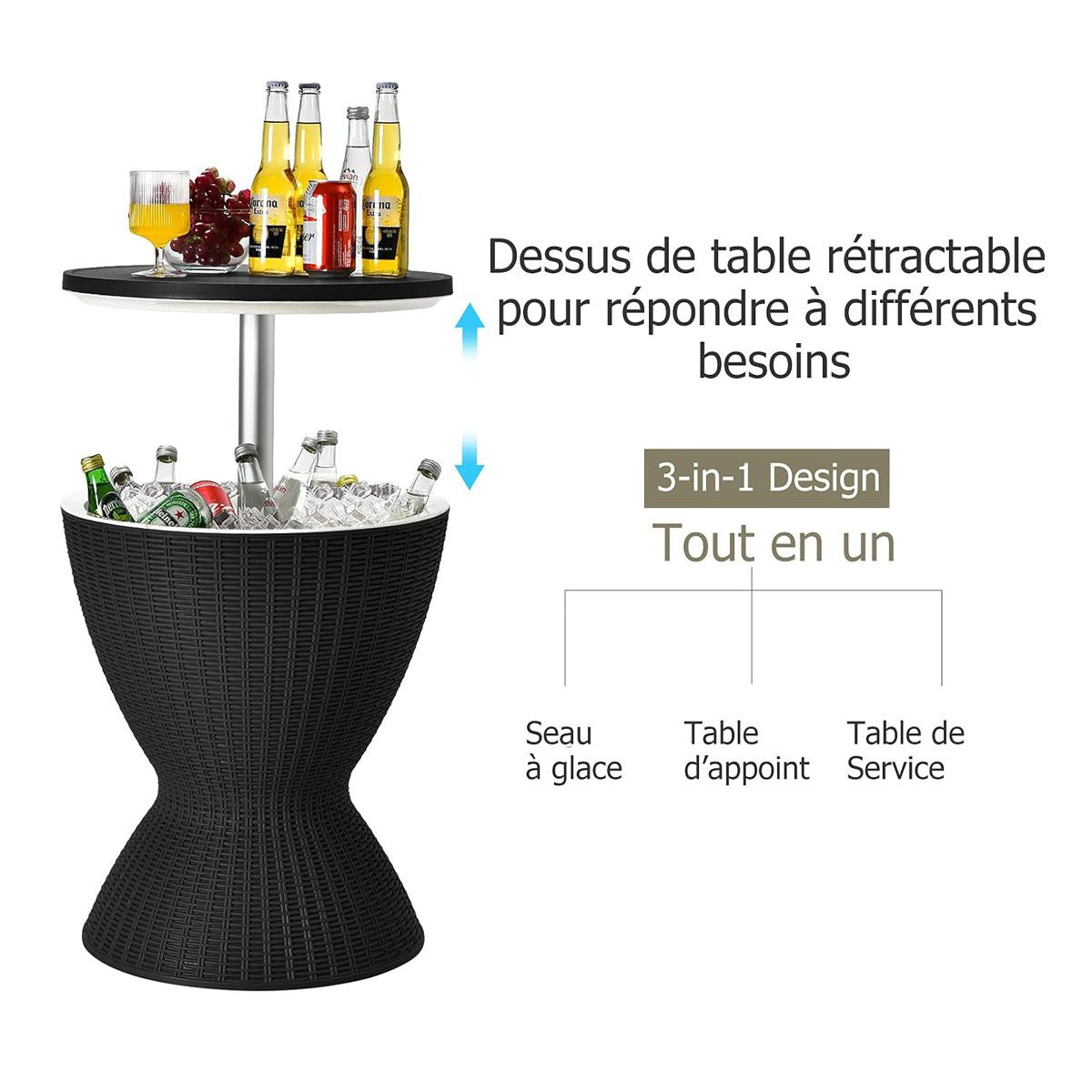 Seau À Glace 2 En 1 Table Basse 30L Avec Plateau Relevable Ø 43 X 57,5-82H Cm Imitation Rotin Marron/Noir