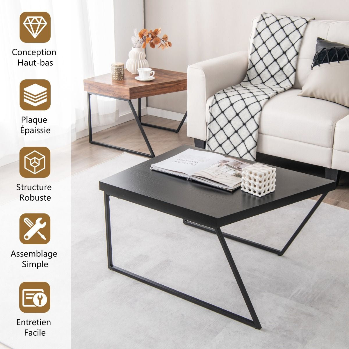 Lot De 2 Tables Basses Gigognes Avec Cadre Métal - 2 Combinaison disponible