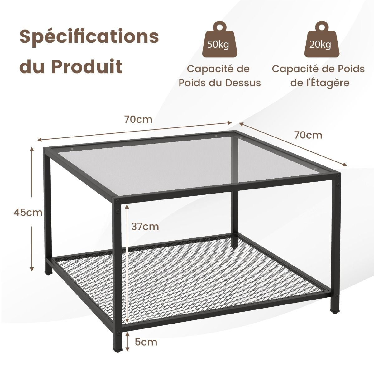 Table Basse Carrée En Verre Trempé 2 Niveaux Étagère En Maille Cadre En Métal Pieds Réglables Gris/Transparent