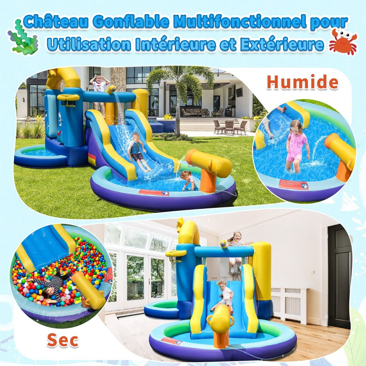 Château Gonflable Océan 6 En 1 Avec Souffleur 680W Toboggan Aquatique & 2 Piscines Maison De Rebond Gonflable Charge 90Kg