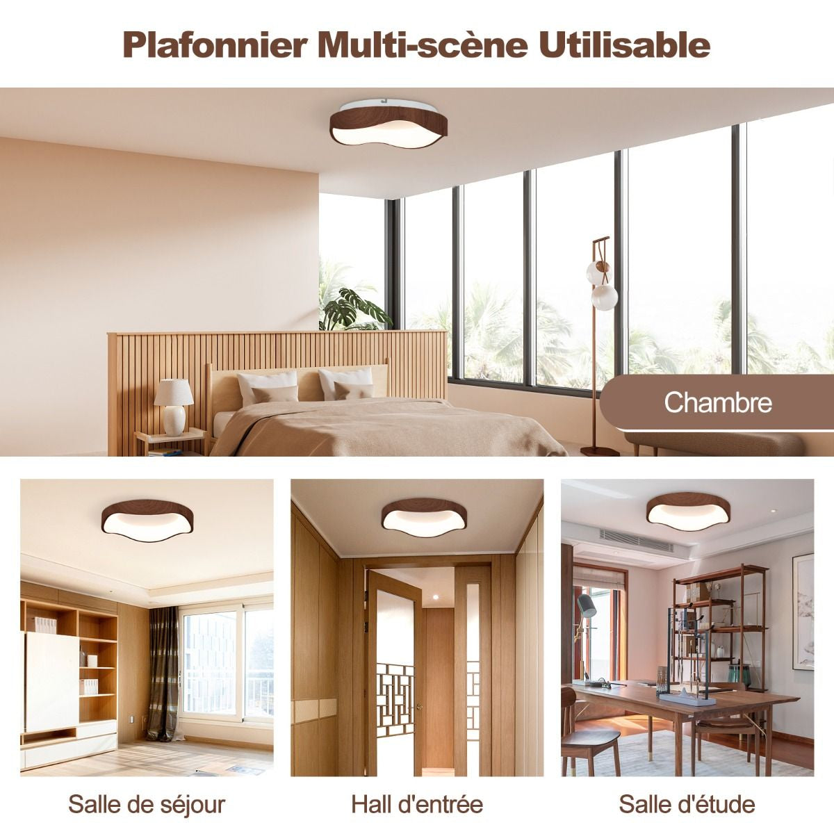 Plafonnier LED Luminaire Moderne 24 W Avec Motif En Bois Cadre En Métal Lustre À Éclairage LED 3000 K Lumière Chaude Plafonnier LED Marron