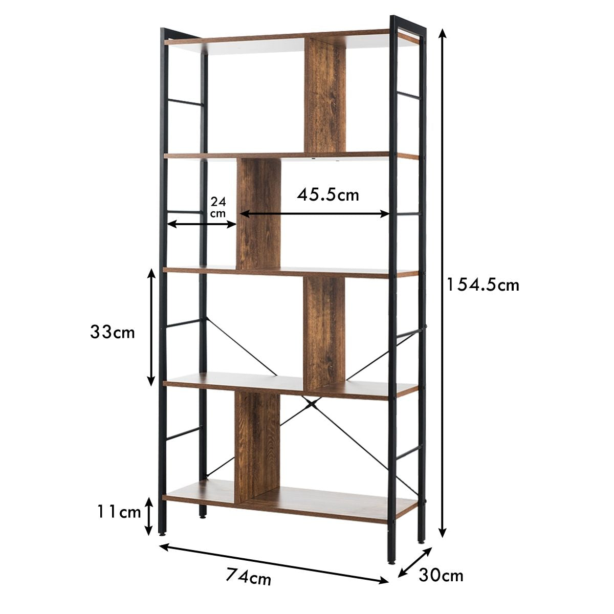 Bibliothèque À 5 Niveaux Style Industriel Etagère De Rangement Moderne Capacité 100 Kg En Acier 74X30X155Cm Brun