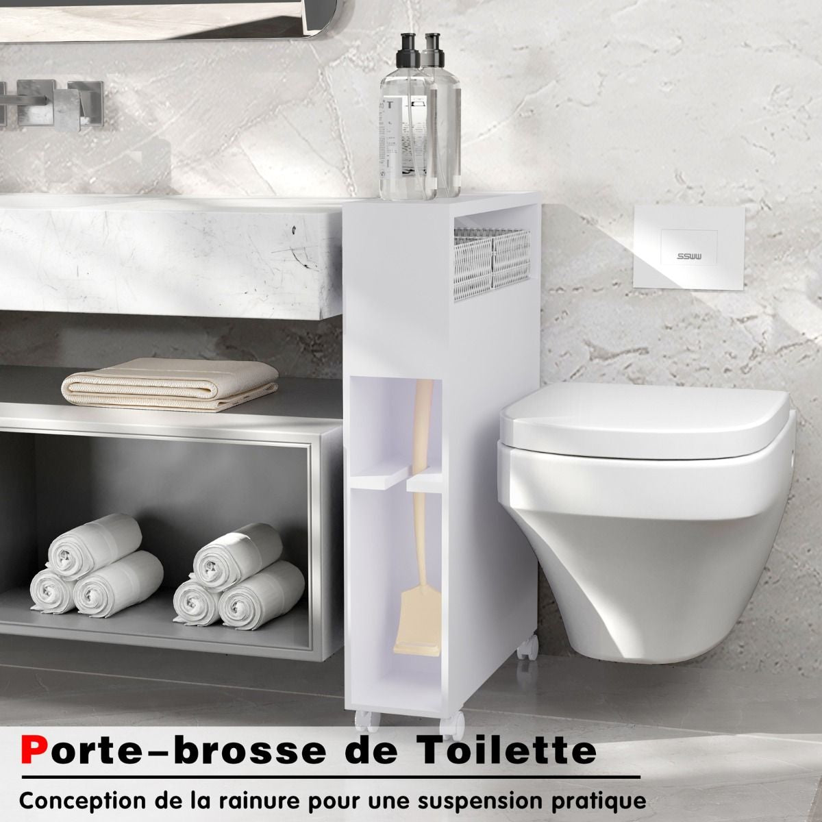 Placard De Salle De Bain Étroit Meuble De Rangement En Bois Avec Tiroirs Coulissants Profonds Paniers En Osier Et Porte-Brosse Blanc/Noir