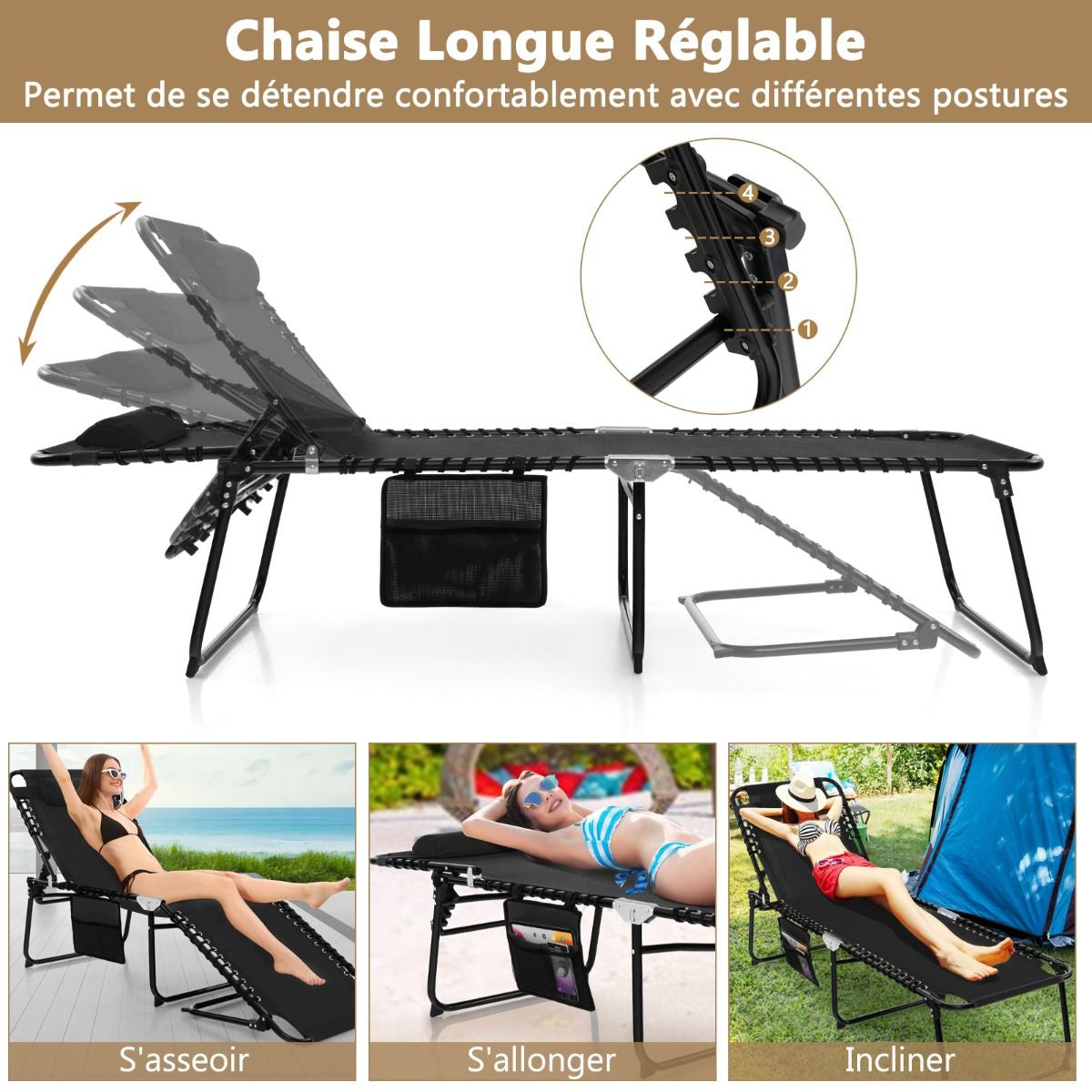 Chaise Longue Pliante Avec Appuie-Tête Amovible Dossier Réglable À 4 Positions Acier Antirouille Pour Camping Terrasse Noir/Bleu/Gris