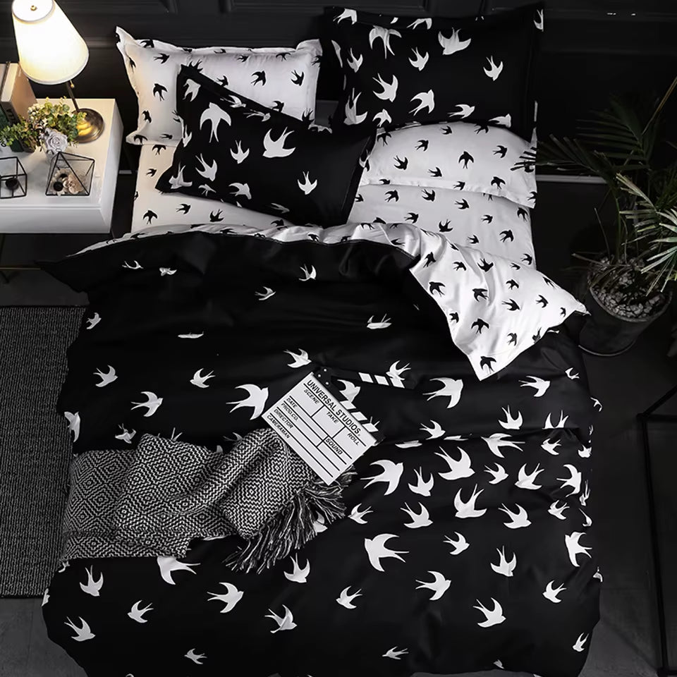 Ensemble de literie de luxe noir, lit Queen King simple, grande taille, en polyester, housse de couette, ensemble plaid moderne oiseau avec taie d’oreiller