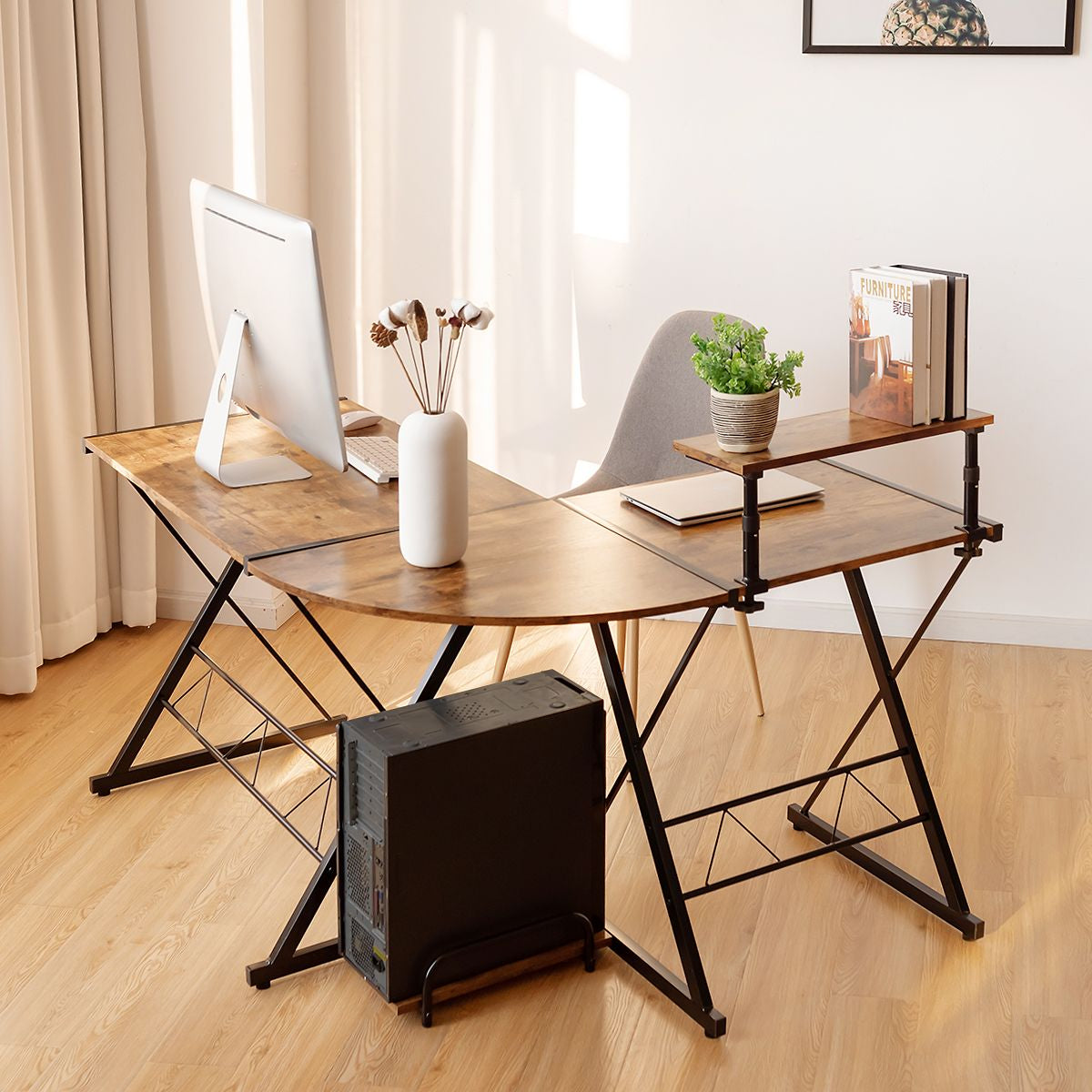 Bureau D'Angle En Forme L Détachable Avec Support Pour Moniteur 147X112X79Cm Noyer/Noir/Antique