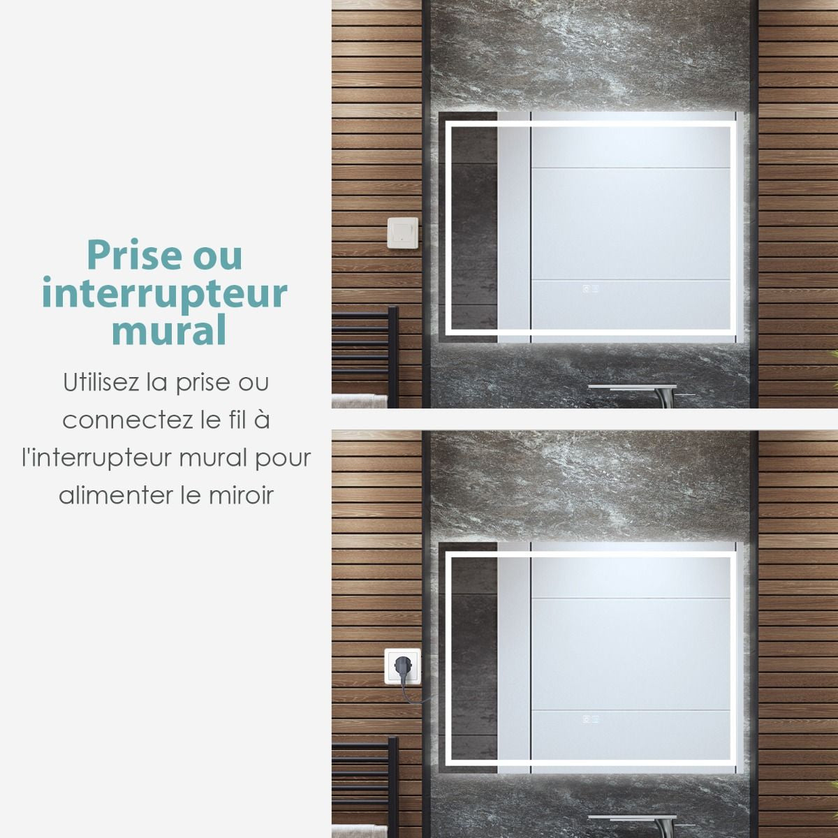 Miroir De Salle De Bain LED 80 X 60 Cm Avec 3 Eclairages Interrupteur Tactile Et Fonction Anti-Buée