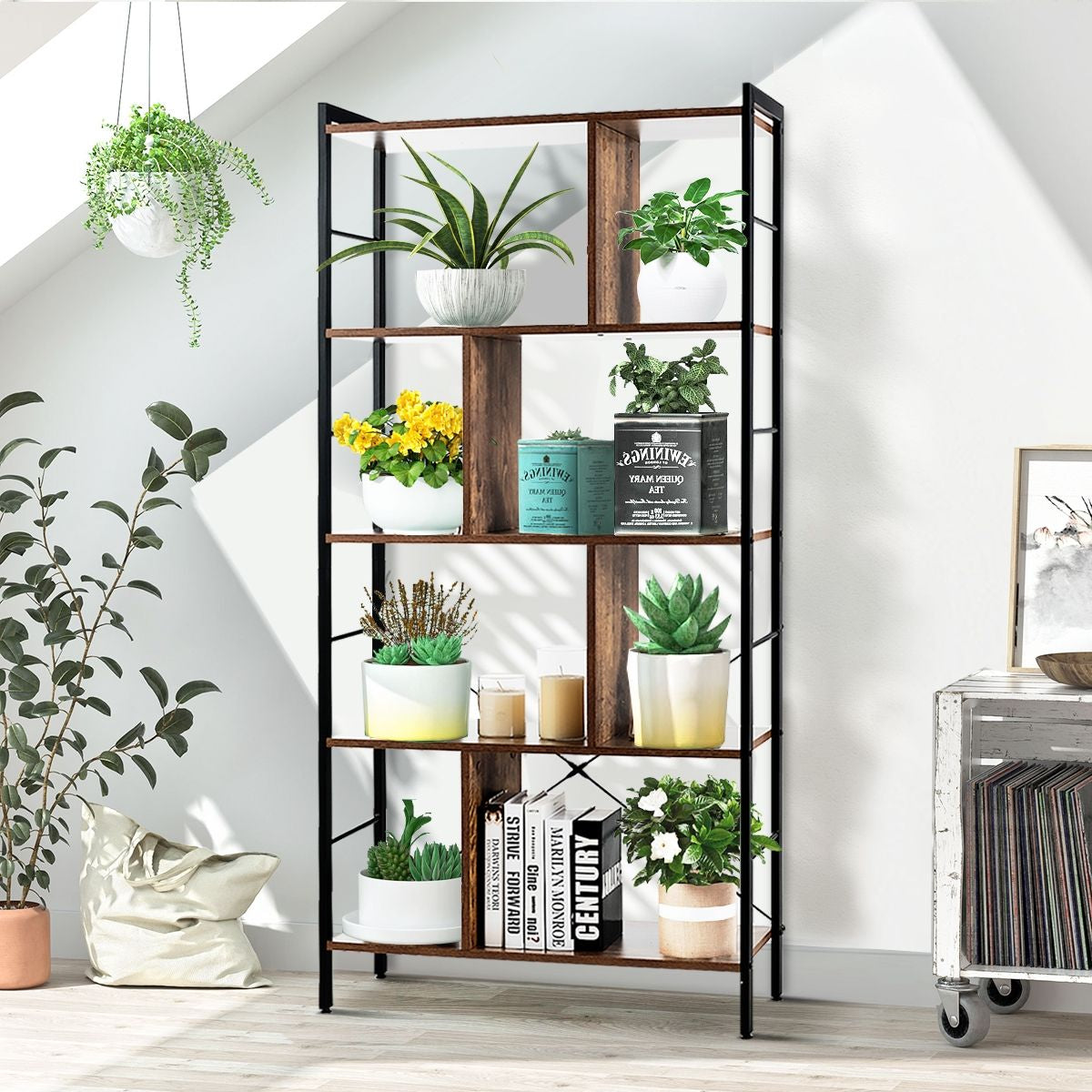 Bibliothèque À 5 Niveaux Style Industriel Etagère De Rangement Moderne Capacité 100 Kg En Acier 74X30X155Cm Brun