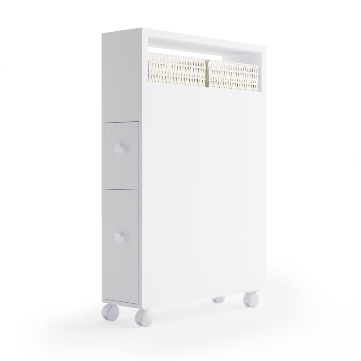 Placard De Salle De Bain Étroit Meuble De Rangement En Bois Avec Tiroirs Coulissants Profonds Paniers En Osier Et Porte-Brosse Blanc/Noir