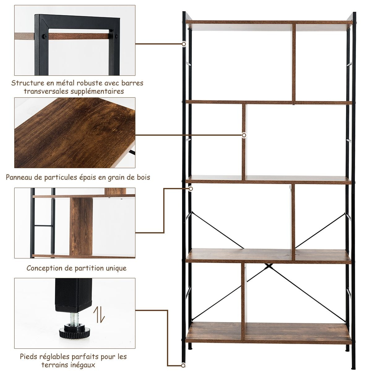 Bibliothèque À 5 Niveaux Style Industriel Etagère De Rangement Moderne Capacité 100 Kg En Acier 74X30X155Cm Brun
