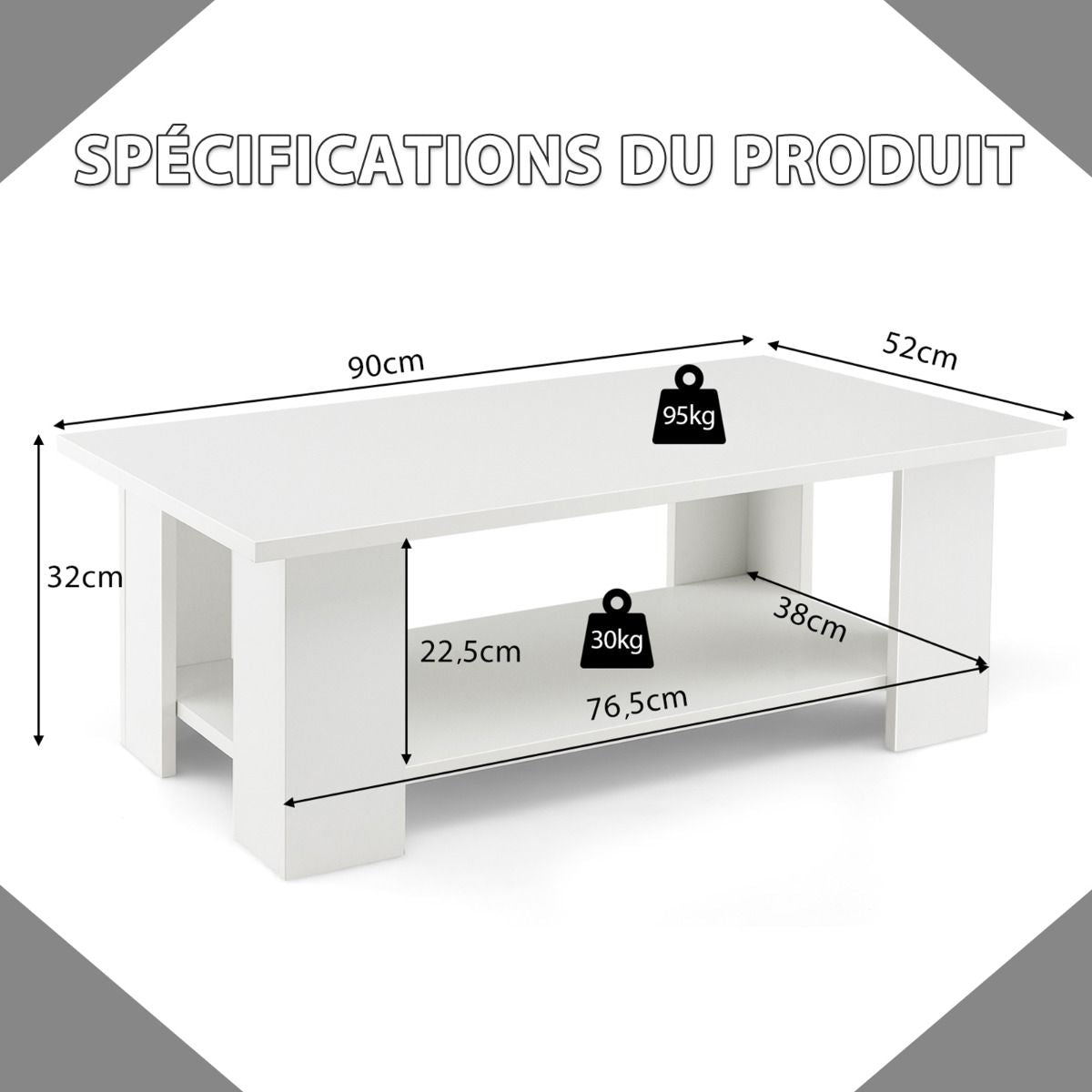 Table Basse En Bois À 2 Niveaux Avec Etagère Ouverte Style Moderne Pour Salon Chambre 90 X 52 X 32 Cm Blanc