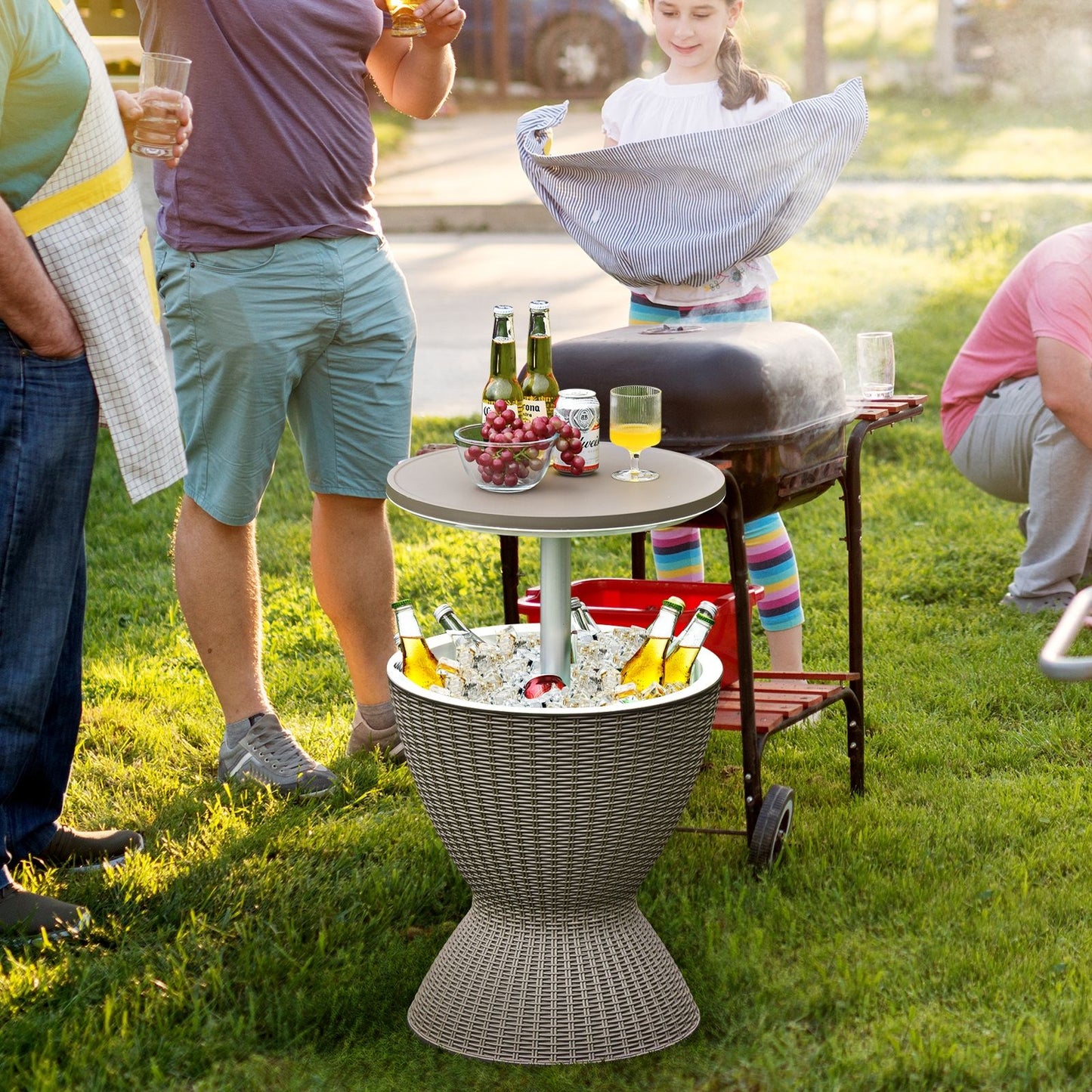 Seau À Glace 2 En 1 Table Basse 30L Avec Plateau Relevable Ø 43 X 57,5-82H Cm Imitation Rotin Marron/Noir