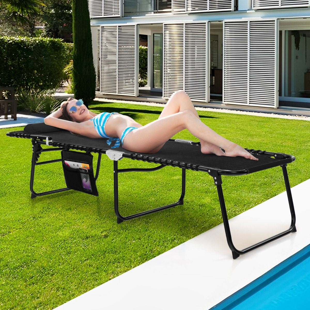 Chaise Longue Pliante Avec Appuie-Tête Amovible Dossier Réglable À 4 Positions Acier Antirouille Pour Camping Terrasse Noir/Bleu/Gris