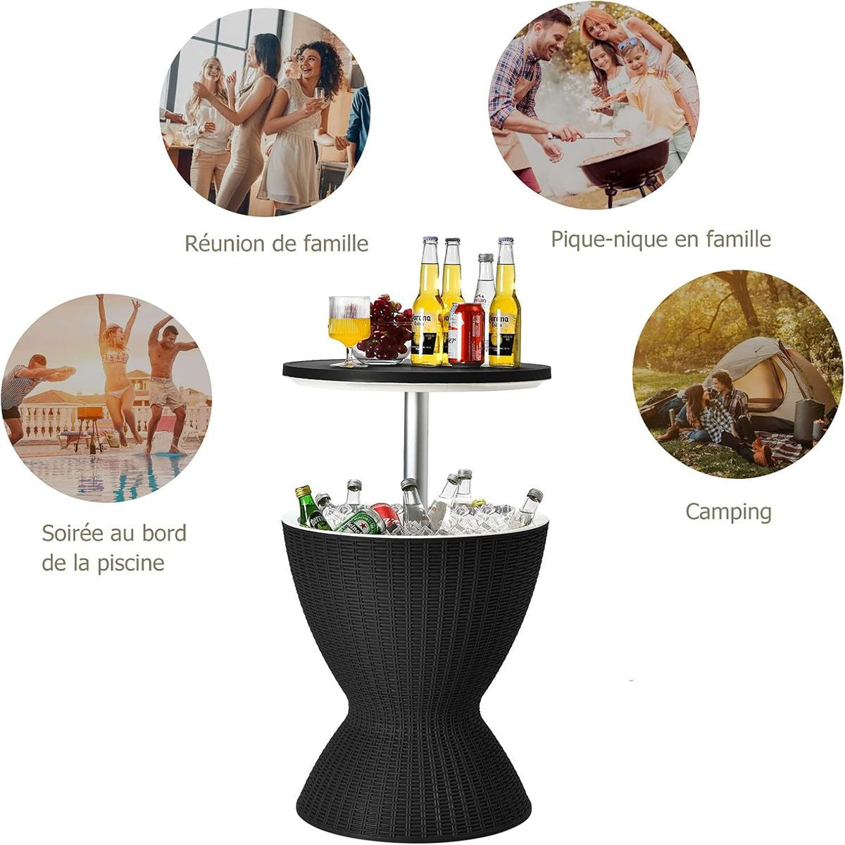 Seau À Glace 2 En 1 Table Basse 30L Avec Plateau Relevable Ø 43 X 57,5-82H Cm Imitation Rotin Marron/Noir