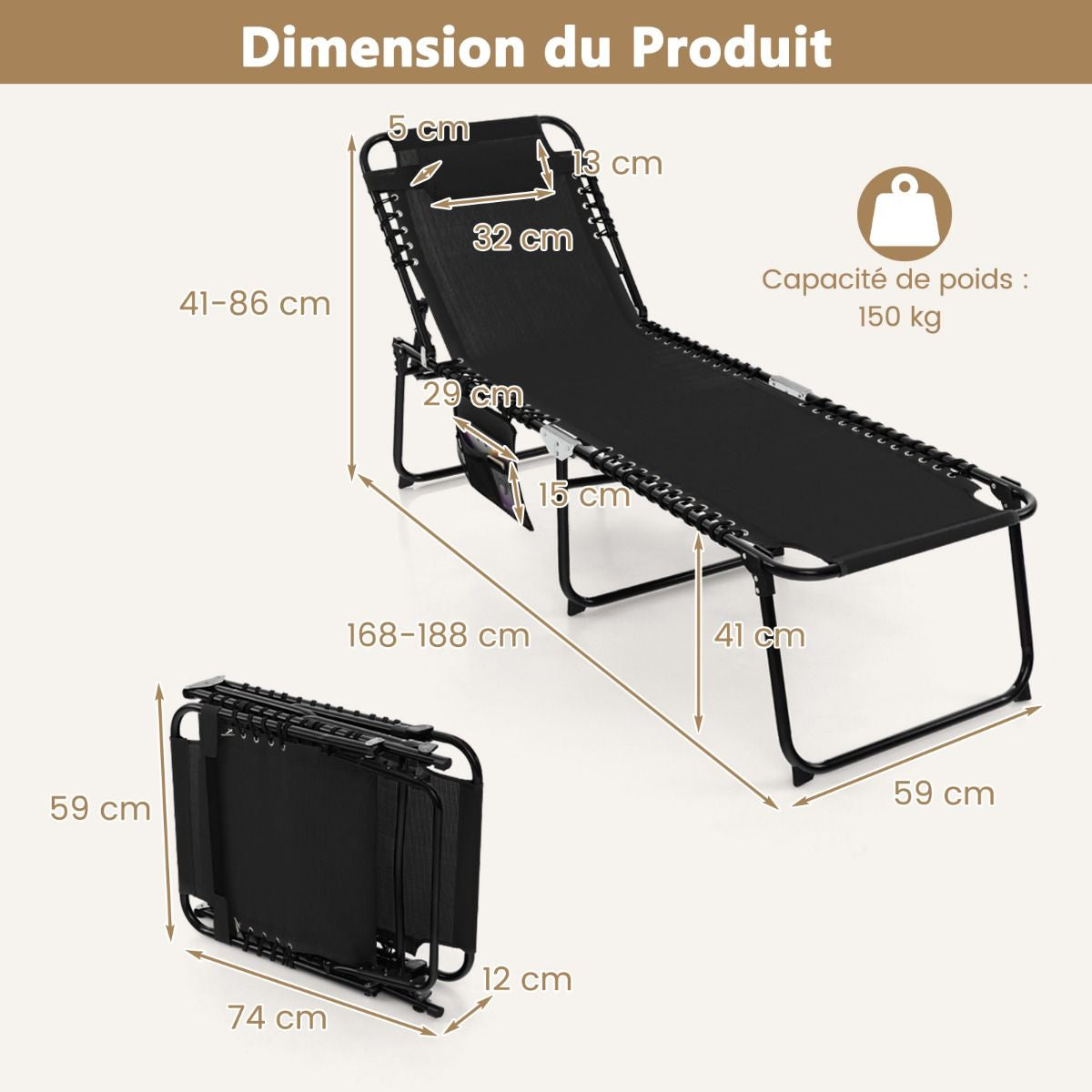 Chaise Longue Pliante Avec Appuie-Tête Amovible Dossier Réglable À 4 Positions Acier Antirouille Pour Camping Terrasse Noir/Bleu/Gris