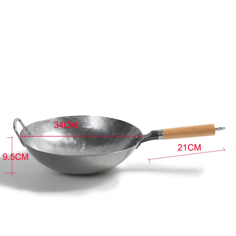 Wok en acier au carbone chinois avec marteau à l’oreille fait à la main, grand wok en fer, antiadhésif, non-Coating, batterie de cuisine au gaz saine