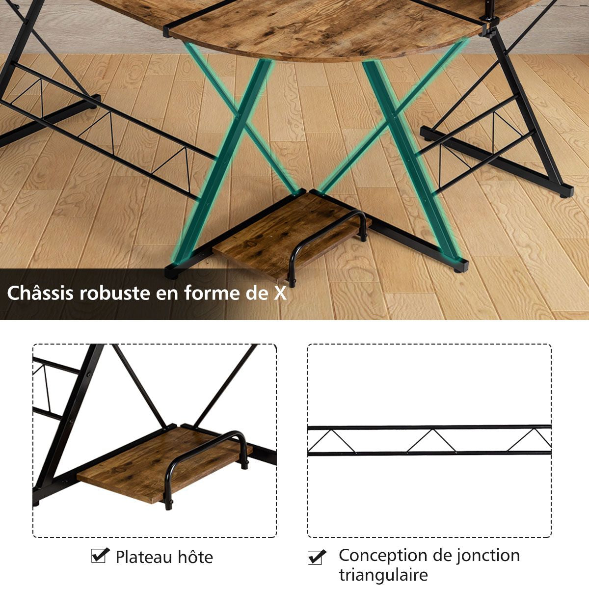 Bureau D'Angle En Forme L Détachable Avec Support Pour Moniteur 147X112X79Cm Noyer/Noir/Antique