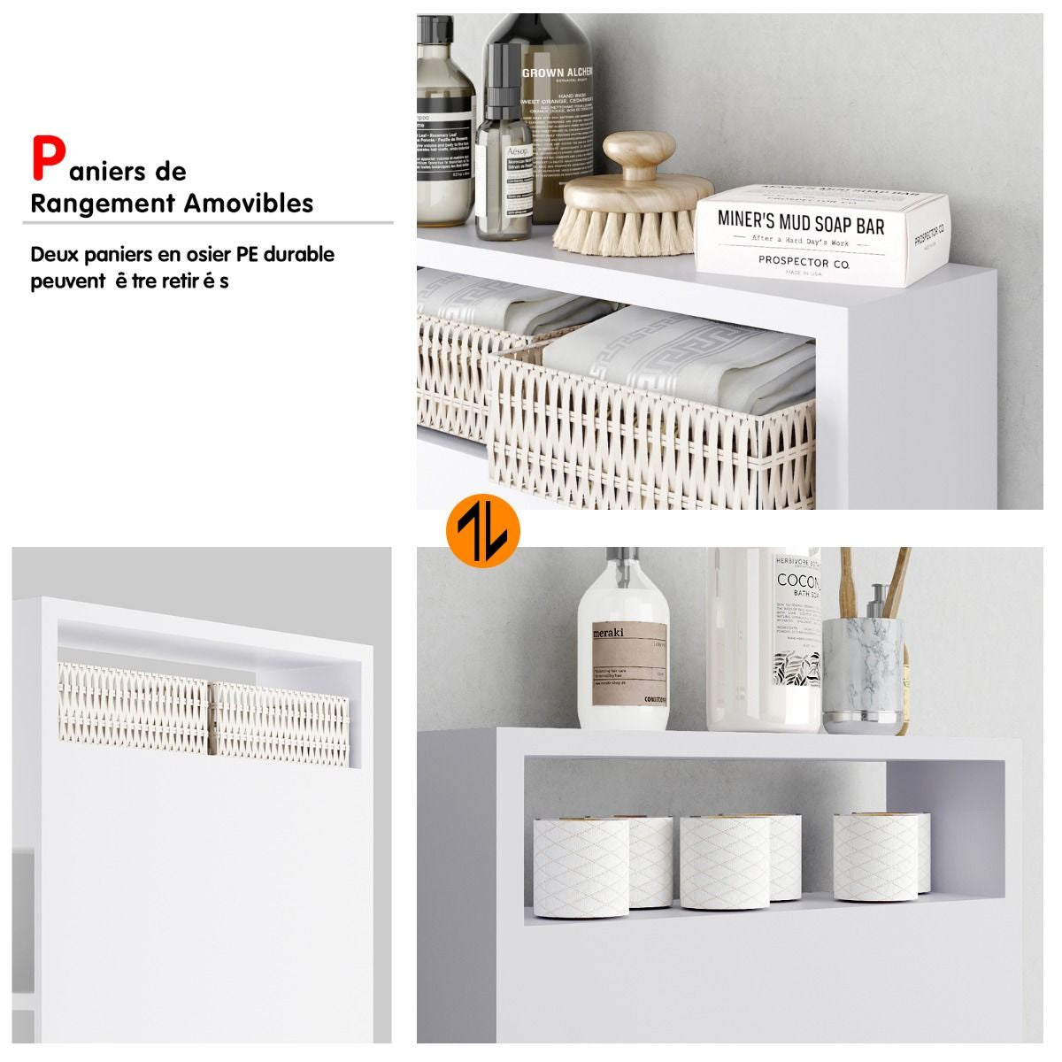 Placard De Salle De Bain Étroit Meuble De Rangement En Bois Avec Tiroirs Coulissants Profonds Paniers En Osier Et Porte-Brosse Blanc/Noir