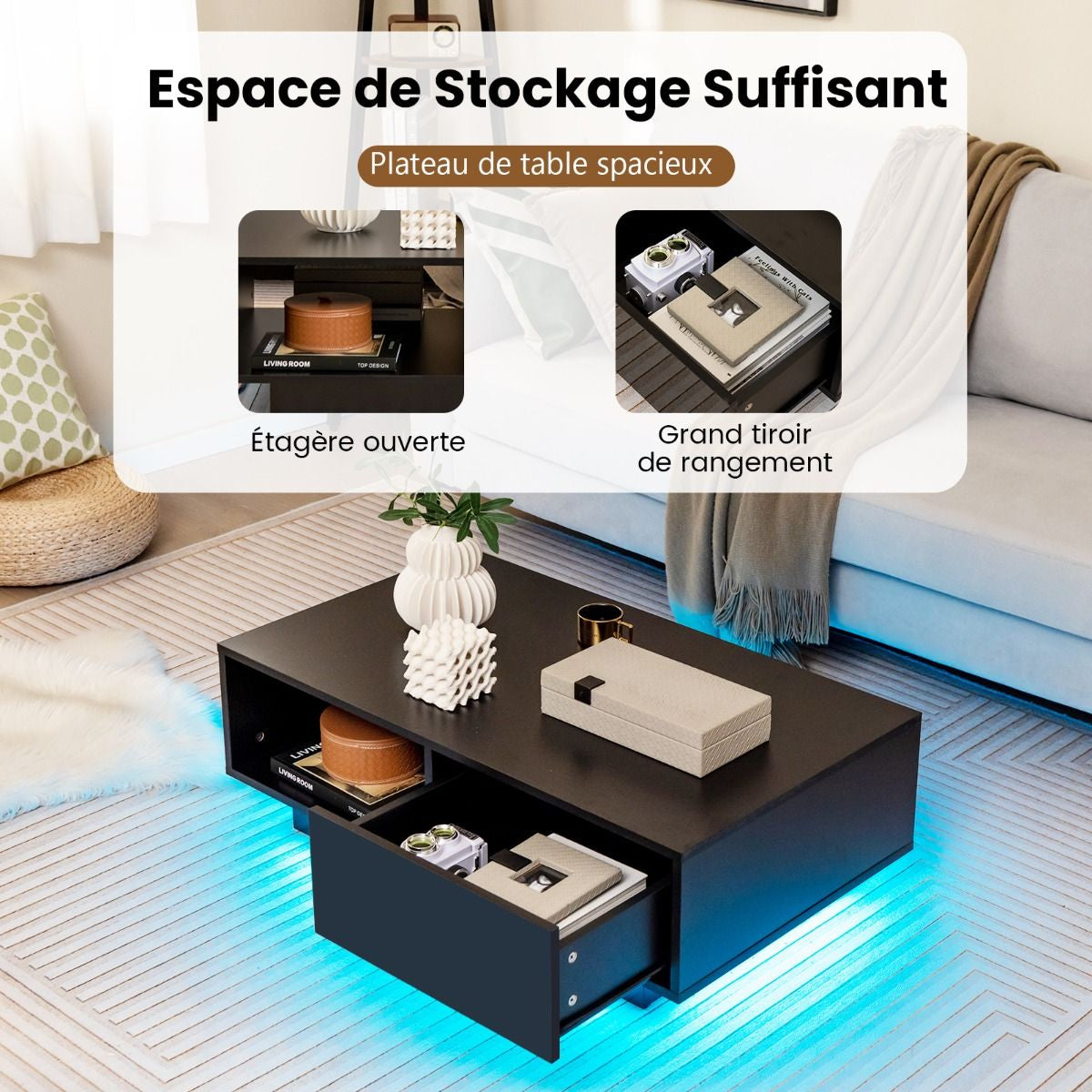 Table Basse Contemporain Avec Lumières LED 20 Couleurs 95X55X31 CM Table De Salon Avec Grand Tiroir Et Compartiment Blanc/Noir