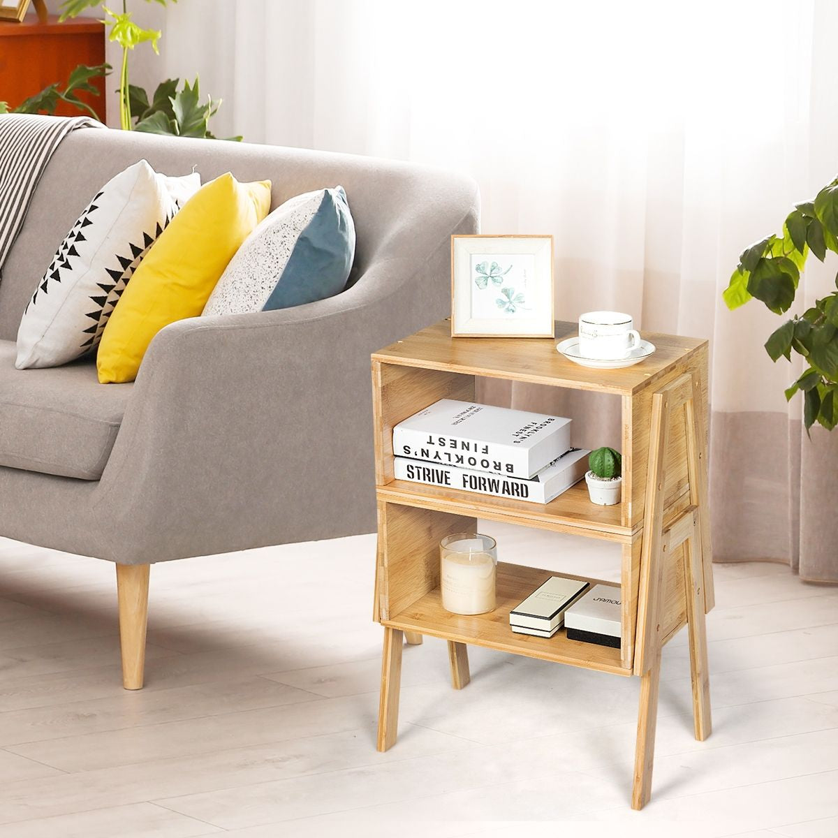 Lot De 2 Table De Chevet Matériau Non-Toxique Avec Compartiment De Rangement Ouvert Naturel