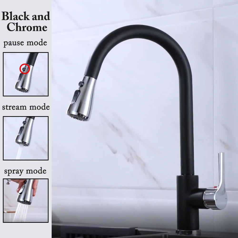 Robinet de cuisine noir Robinet de cuisine à tirer Mitigeur d’évier de cuisine Robinet brossé Nickle Stream Pulvérisateur Tête Chrome Robinet d’eau de cuisine