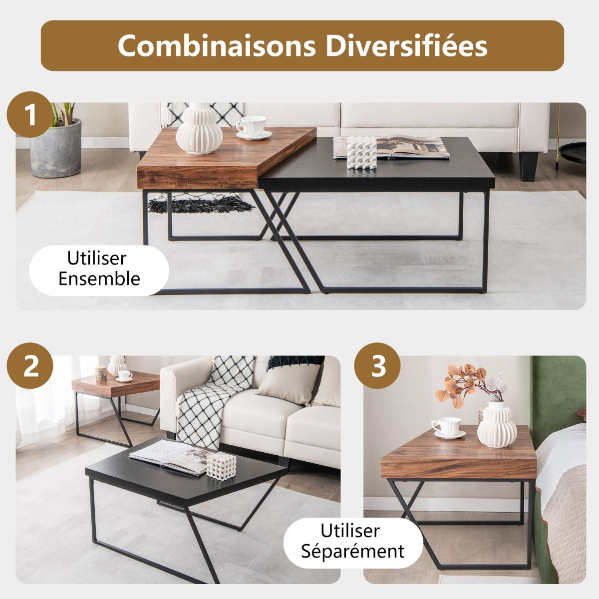 Lot De 2 Tables Basses Gigognes Avec Cadre Métal - 2 Combinaison disponible