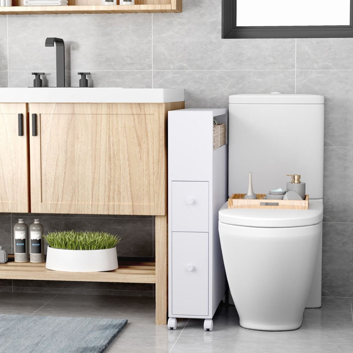 Placard De Salle De Bain Étroit Meuble De Rangement En Bois Avec Tiroirs Coulissants Profonds Paniers En Osier Et Porte-Brosse Blanc/Noir