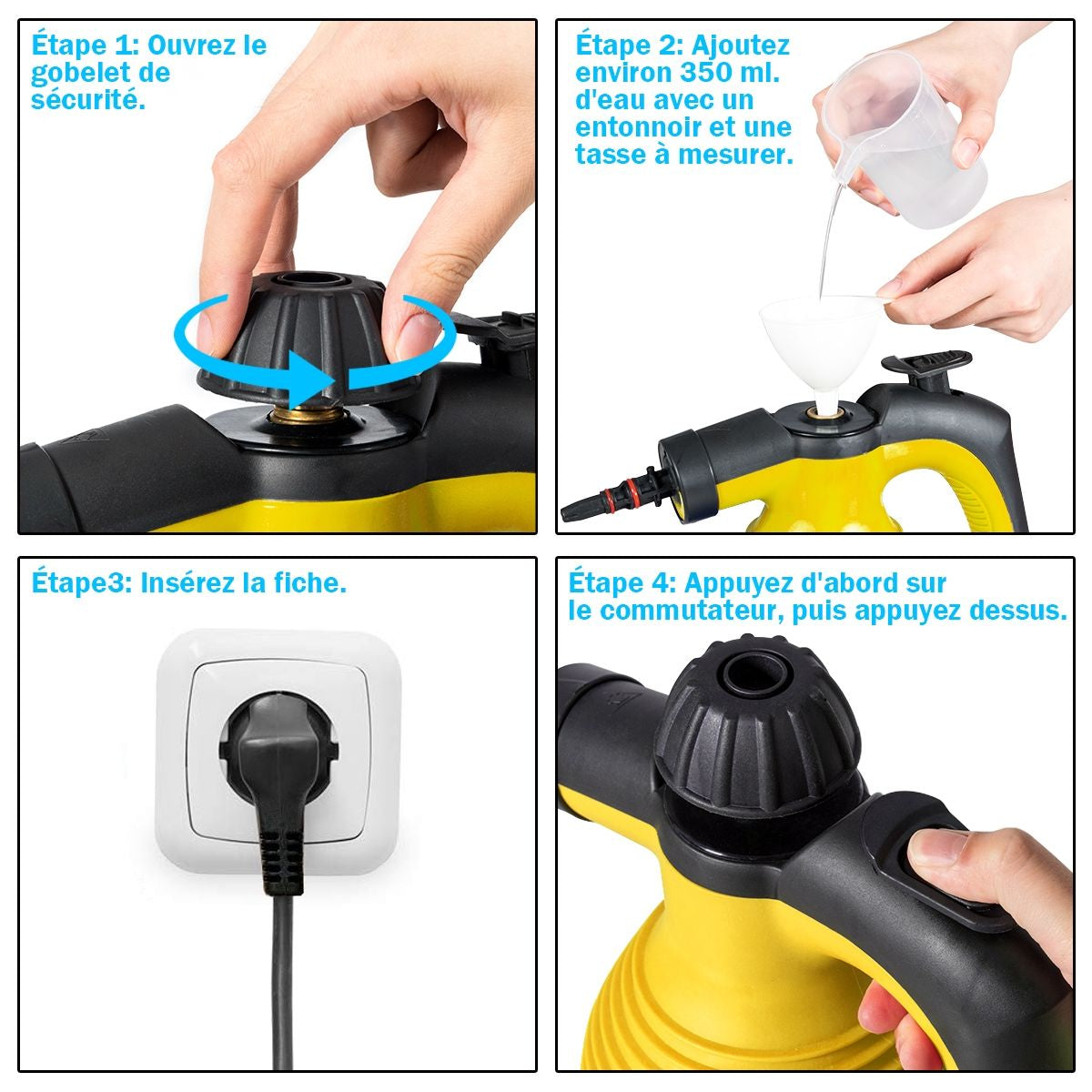 Nettoyeur Vapeur À Main Portable 900-1050W Réservoir 350ML 9 Accessoires Jaune