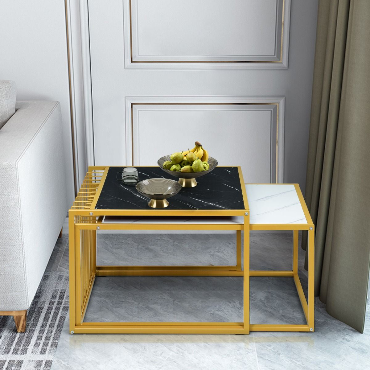 Lot De 2 Tables Basses Gigognes Surface En Marbre Artificiel Réaliste Scandinave Moderne Structure En Métal