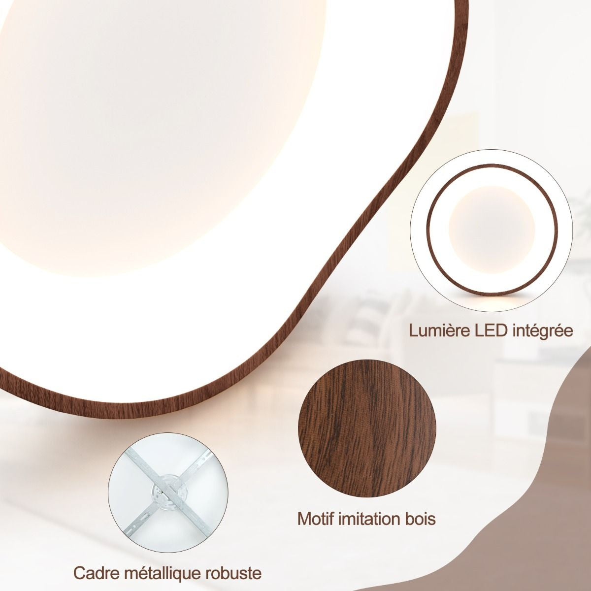 Plafonnier LED Luminaire Moderne 24 W Avec Motif En Bois Cadre En Métal Lustre À Éclairage LED 3000 K Lumière Chaude Plafonnier LED Marron