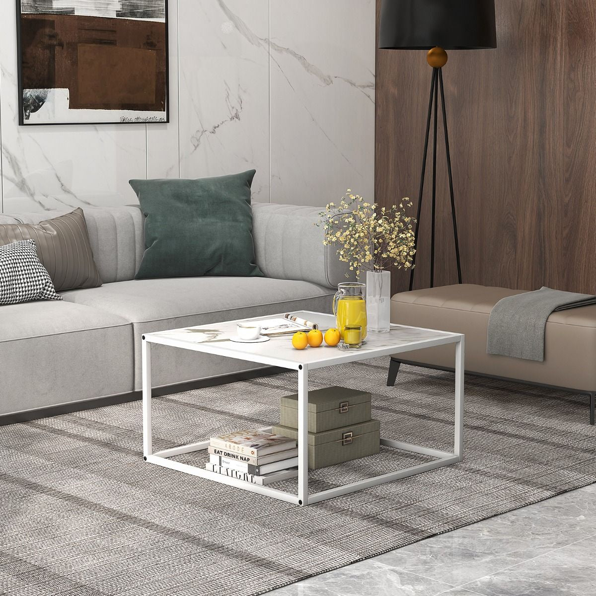 Table Basse Carrée Moderne Avec Dessus De Table En Faux Marbre Et Structure En Acier Blanc
