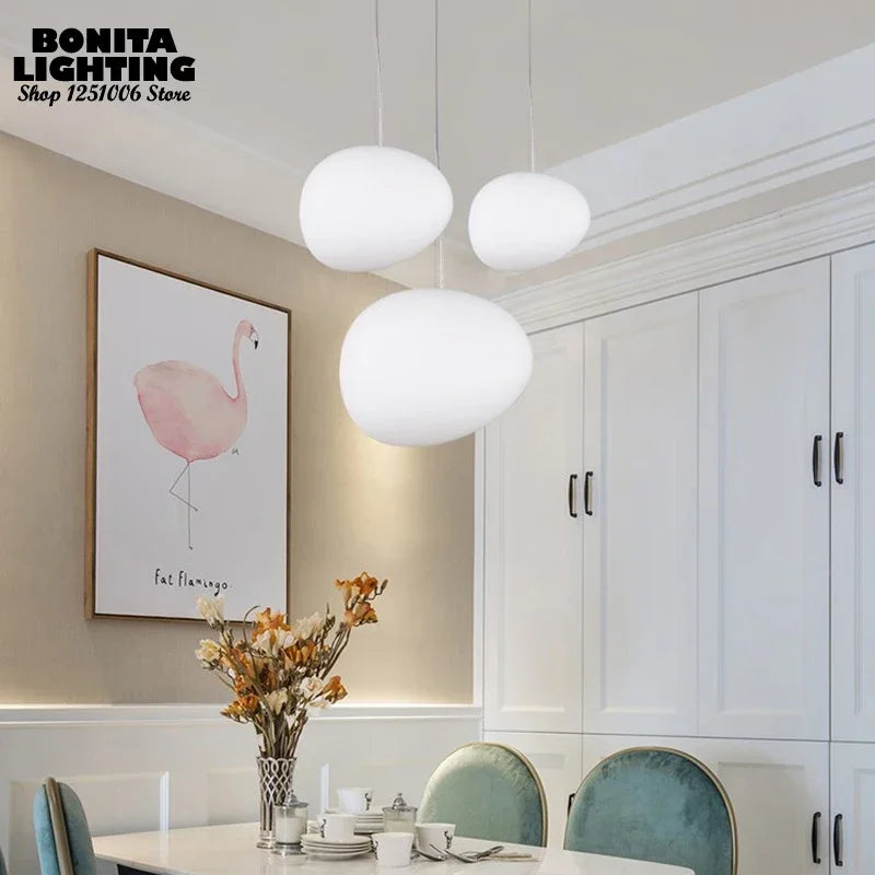 Cobblestone Hanging Lamps for Dining Room Stone Glass Modern Pendant Lamp Led Milky White Ball Restaurant Cord Pendant Light