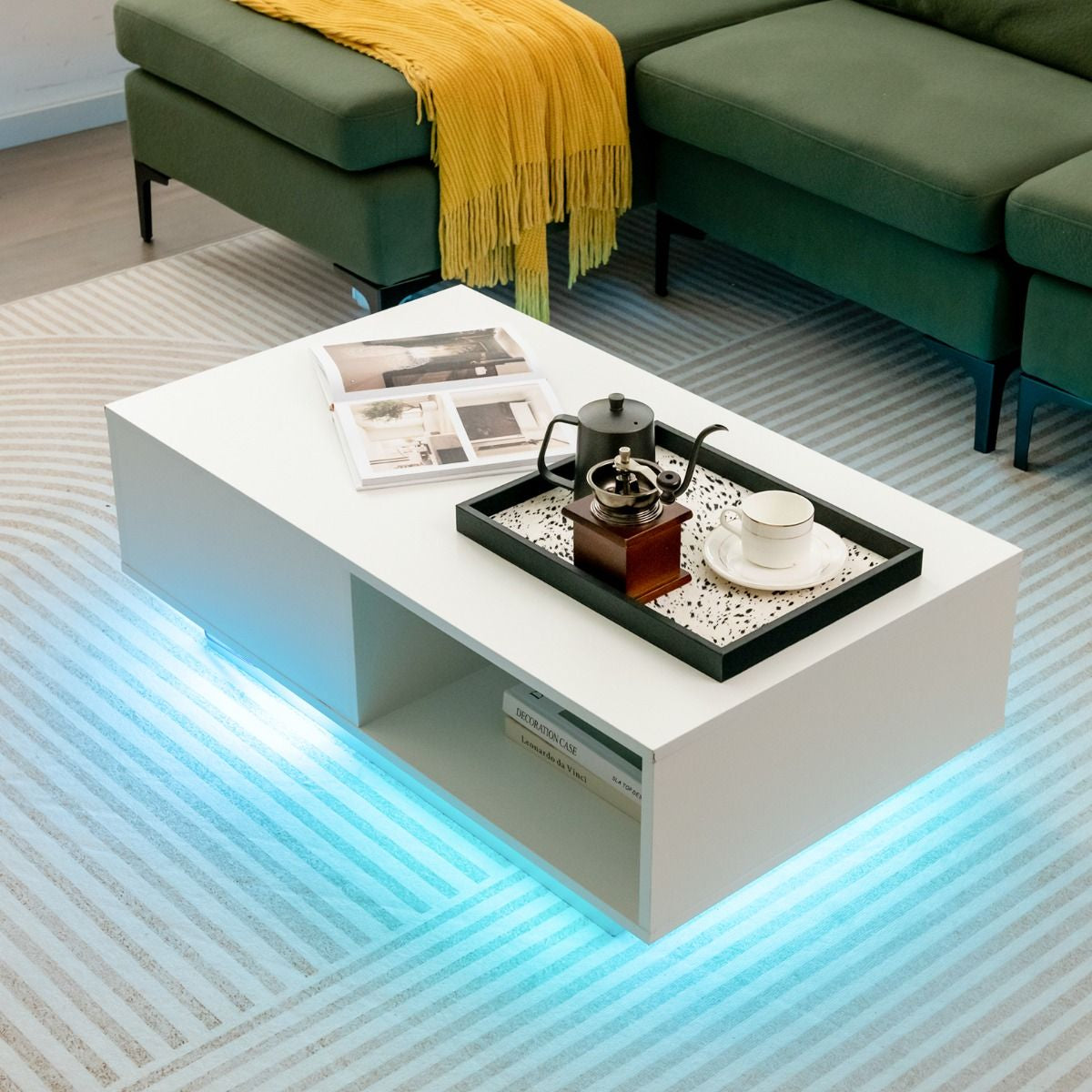 Table Basse Contemporain Avec Lumières LED 20 Couleurs 95X55X31 CM Table De Salon Avec Grand Tiroir Et Compartiment Blanc/Noir
