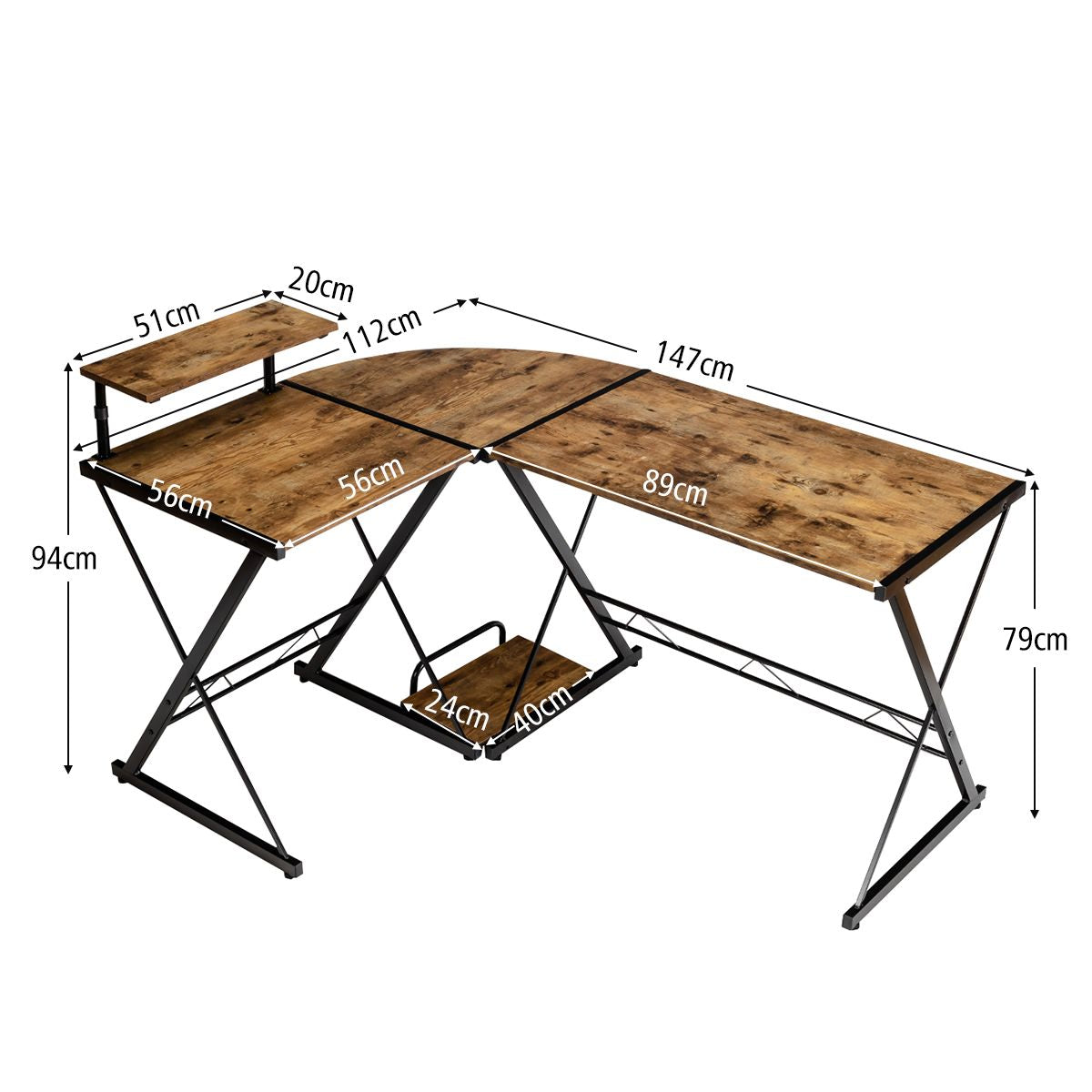 Bureau D'Angle En Forme L Détachable Avec Support Pour Moniteur 147X112X79Cm Noyer/Noir/Antique