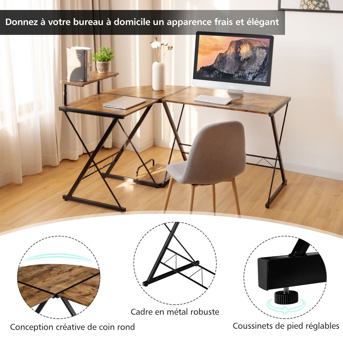 Bureau D'Angle En Forme L Détachable Avec Support Pour Moniteur 147X112X79Cm Noyer/Noir/Antique