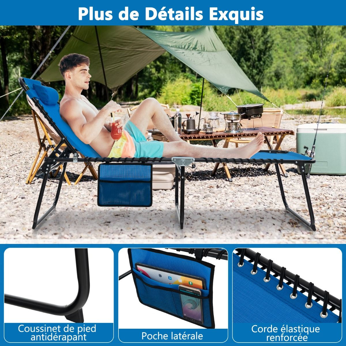 Chaise Longue Pliante Avec Appuie-Tête Amovible Dossier Réglable À 4 Positions Acier Antirouille Pour Camping Terrasse Noir/Bleu/Gris