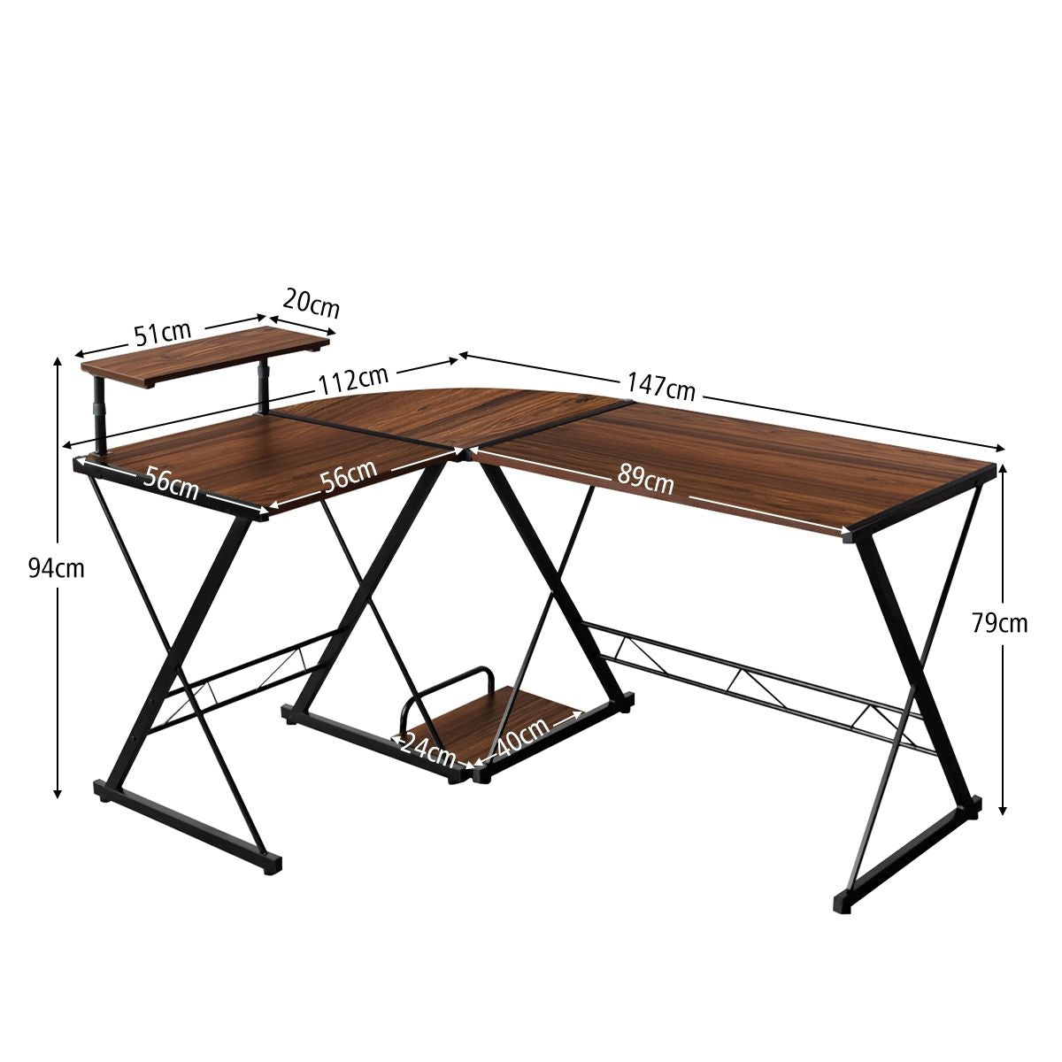 Bureau D'Angle En Forme L Détachable Avec Support Pour Moniteur 147X112X79Cm Noyer/Noir/Antique
