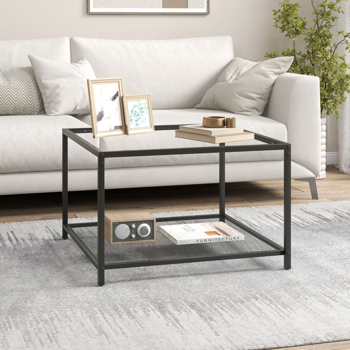 Table Basse Carrée En Verre Trempé 2 Niveaux Étagère En Maille Cadre En Métal Pieds Réglables Gris/Transparent