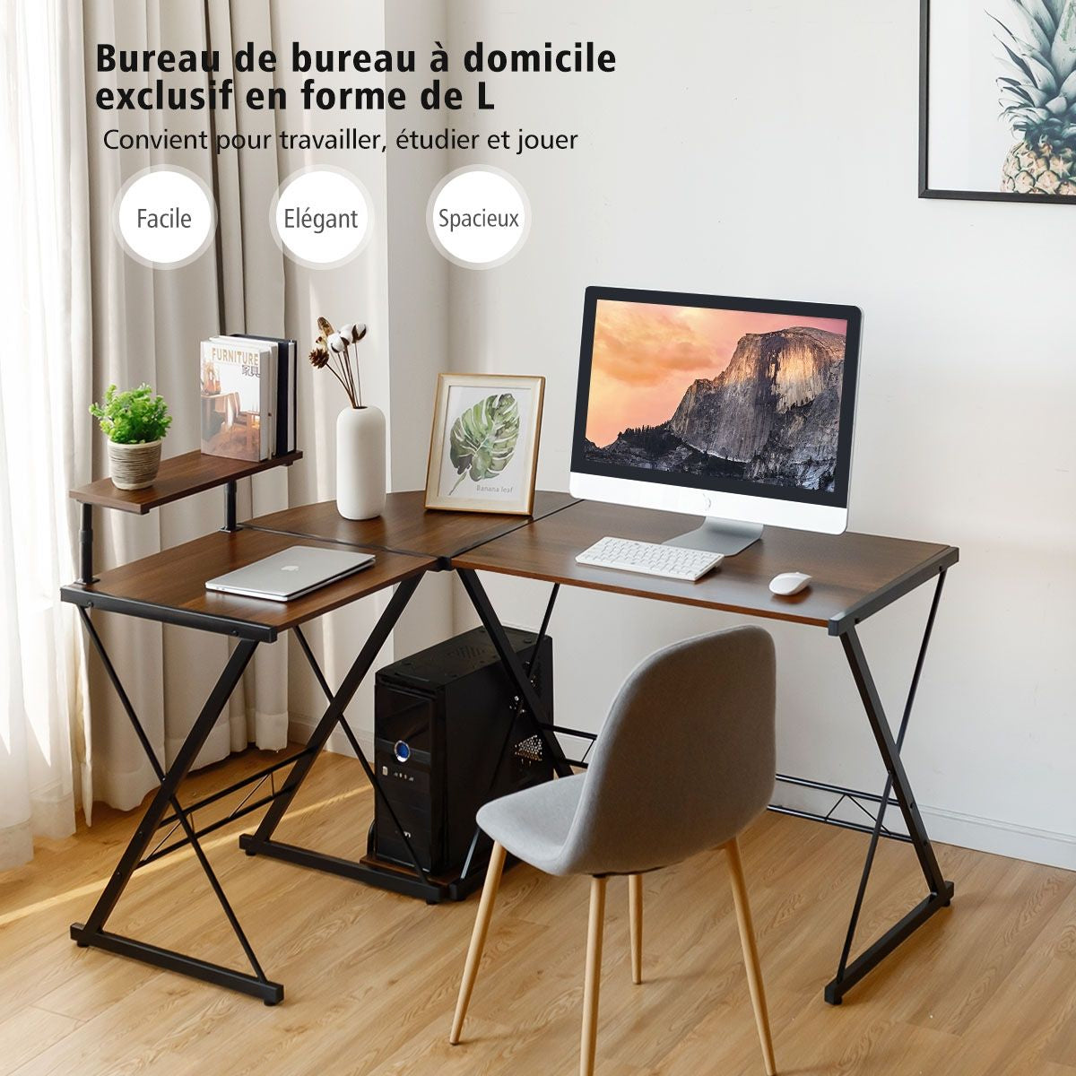 Bureau D'Angle En Forme L Détachable Avec Support Pour Moniteur 147X112X79Cm Noyer/Noir/Antique